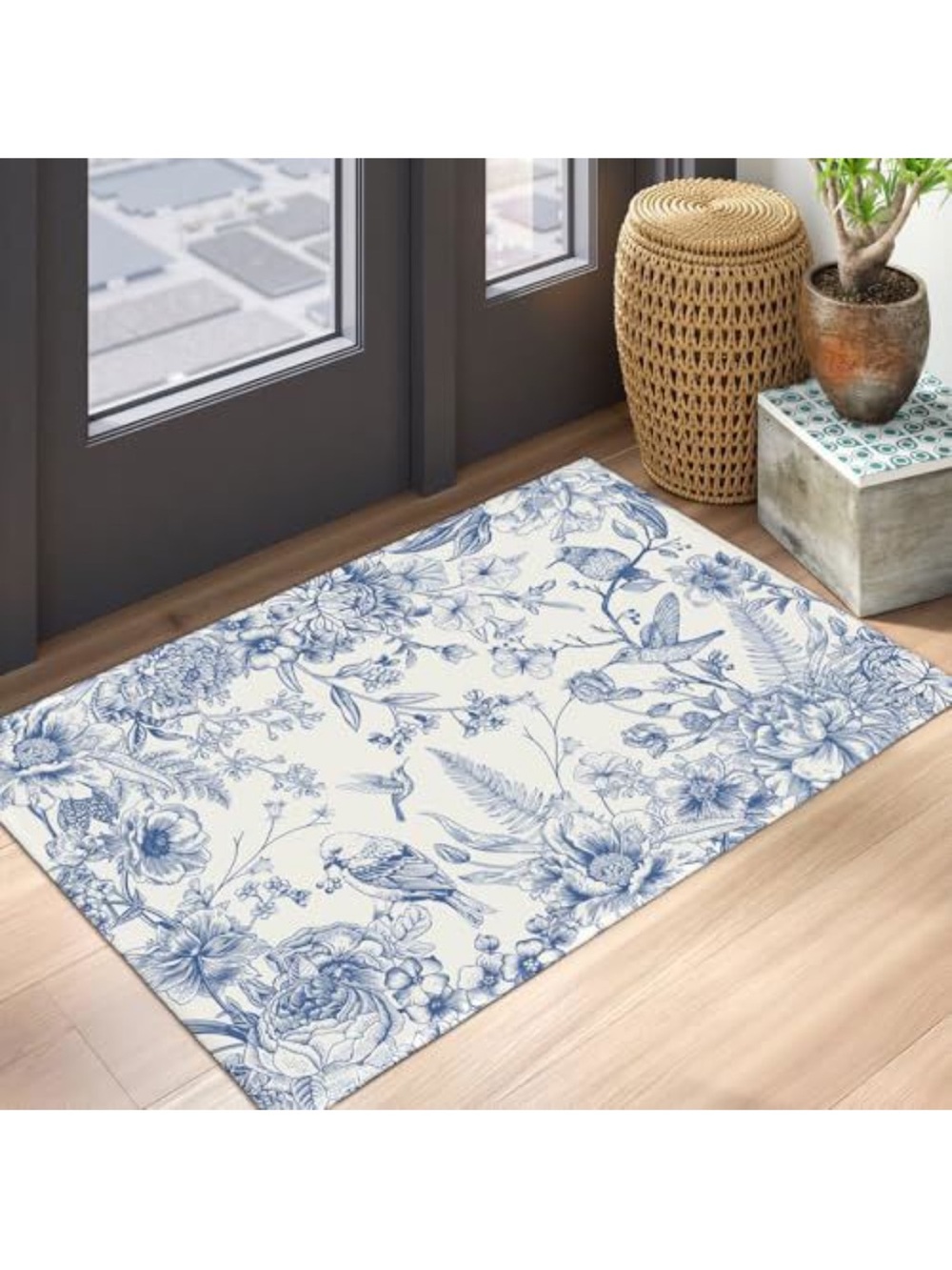 Blue and White Floral Bird Area Rug
